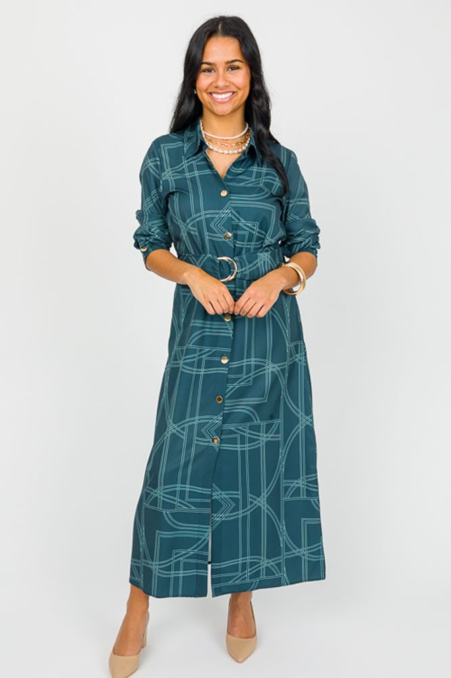 Sundayup Maxi & Midi | Green Geometric Belted Maxi