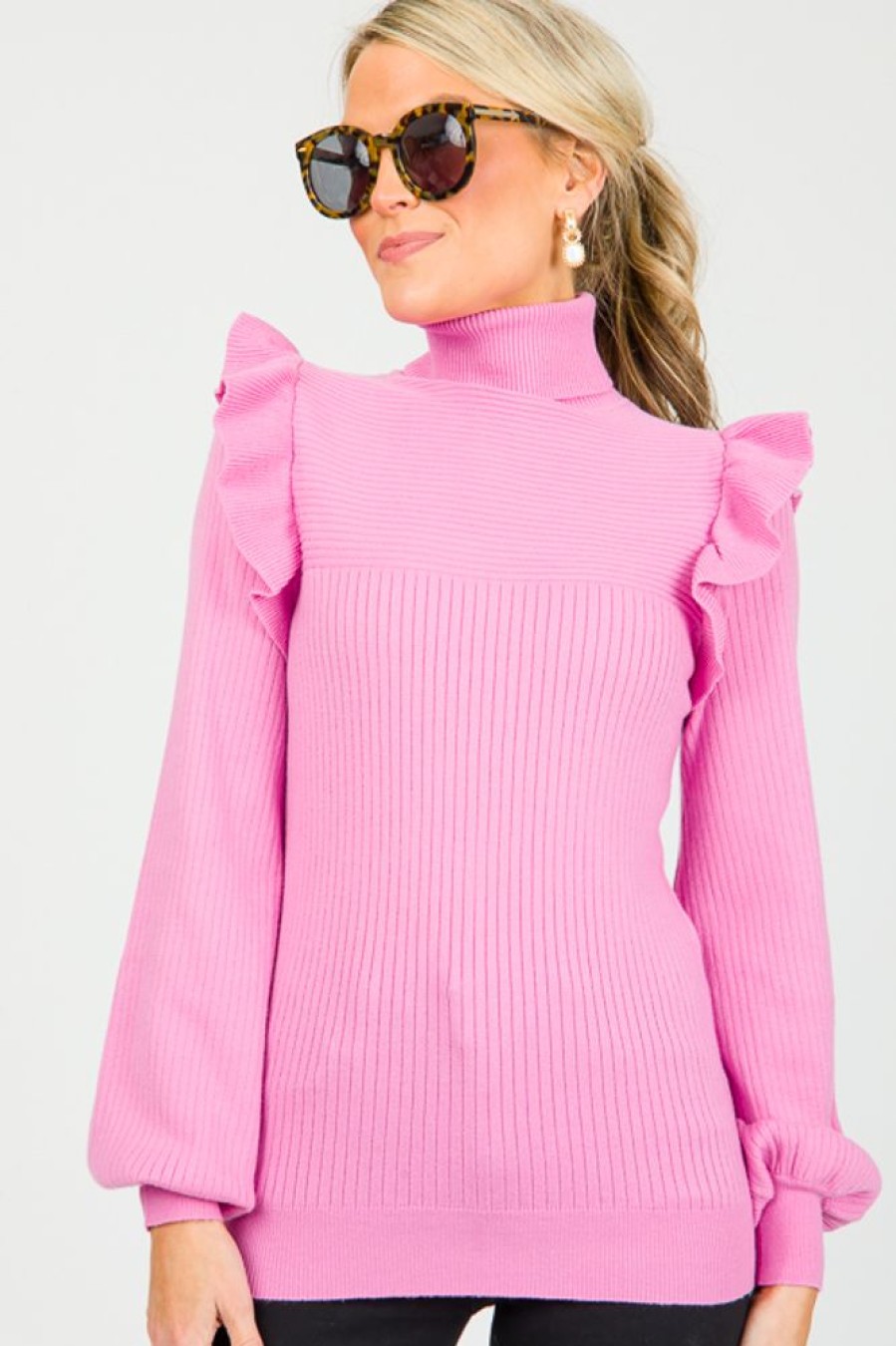 &merci 3/4 & Long Sleeve | Ruffle Rib Turtleneck, Wild Orchid