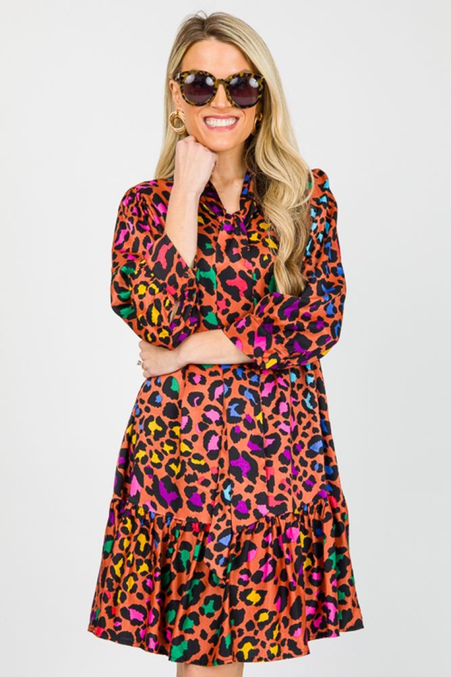 Fate by lfd Dresses W/ Sleeves | Tie Neck Animal Dress, Rust Multi