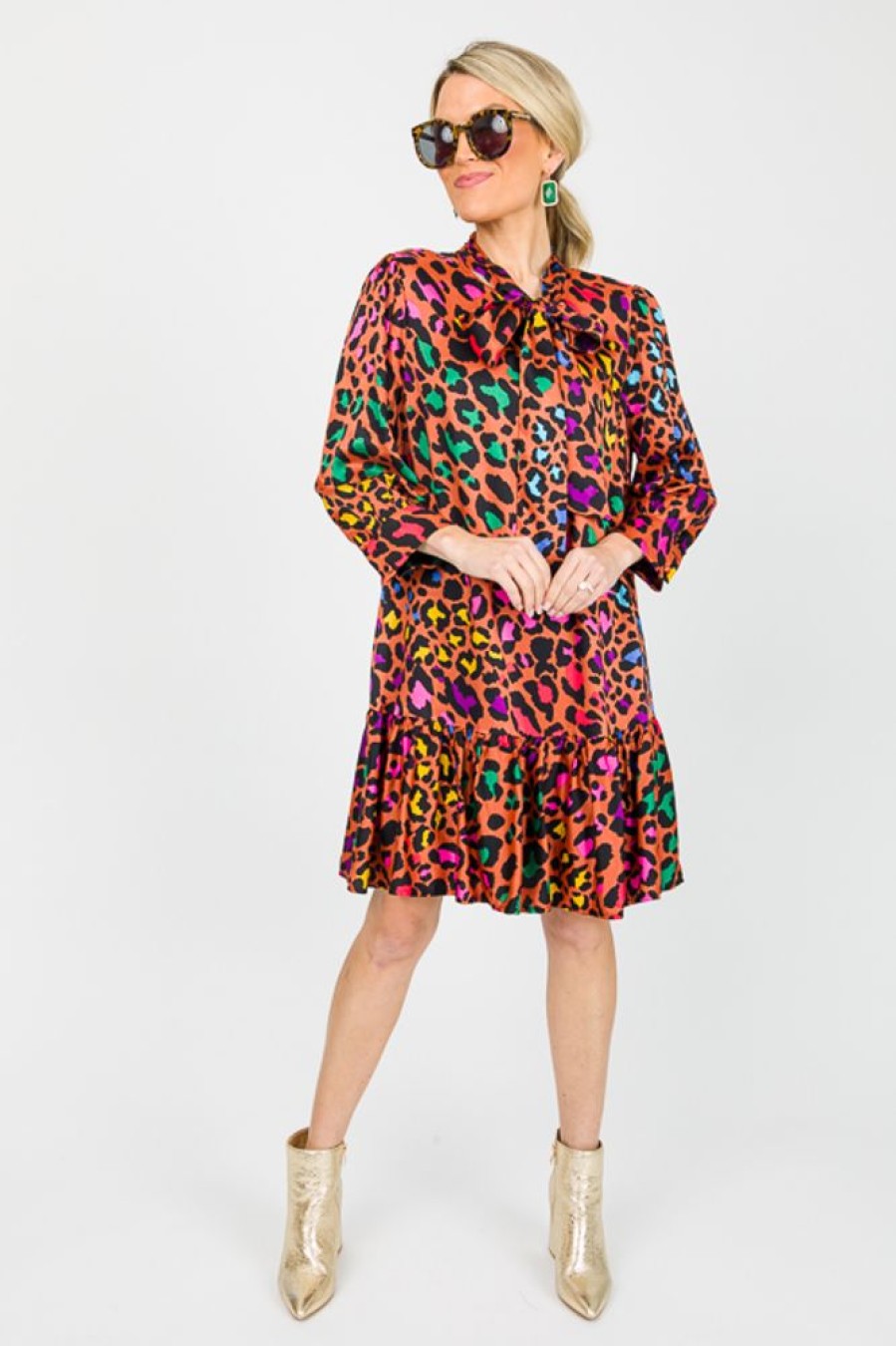 Fate by lfd Dresses W/ Sleeves | Tie Neck Animal Dress, Rust Multi