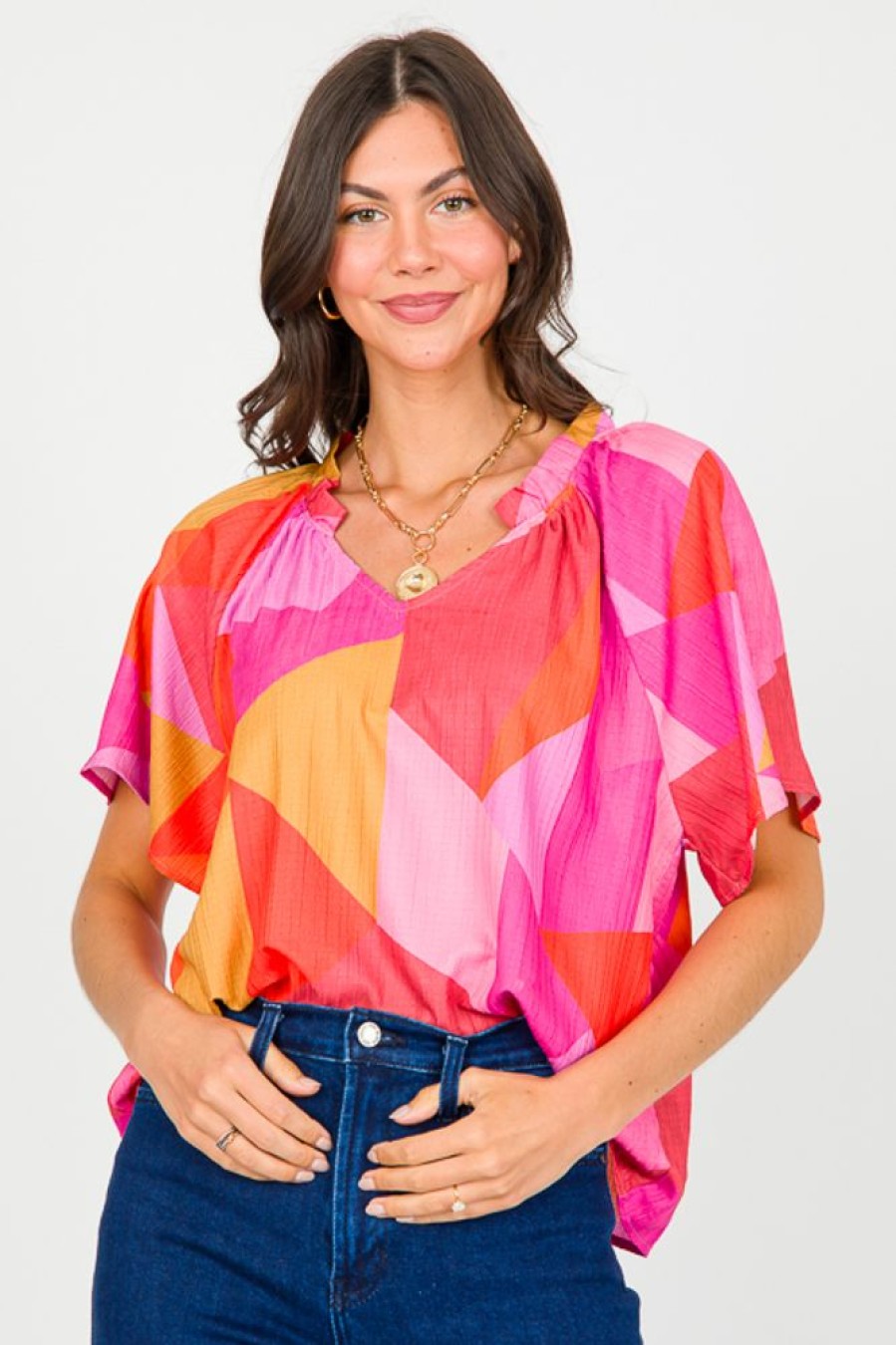 Peach Love California Short Sleeve & Sleeveless | Geo Print Top, Pink/Orange