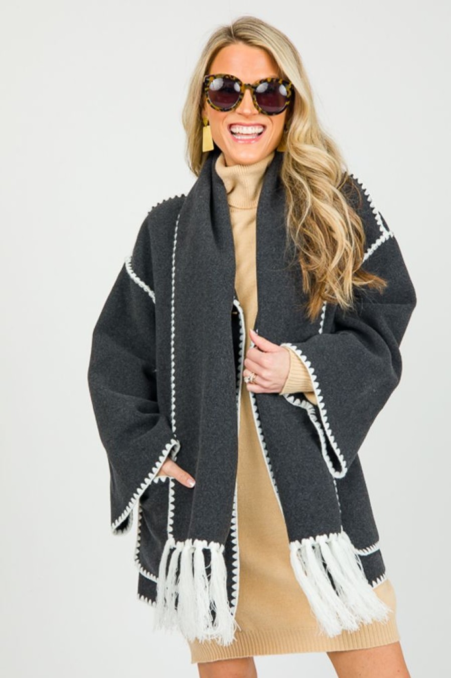 Veveret Jackets / Coats / Vests / Blazers | Tassel Scarf Poncho Jacket, Charcoal