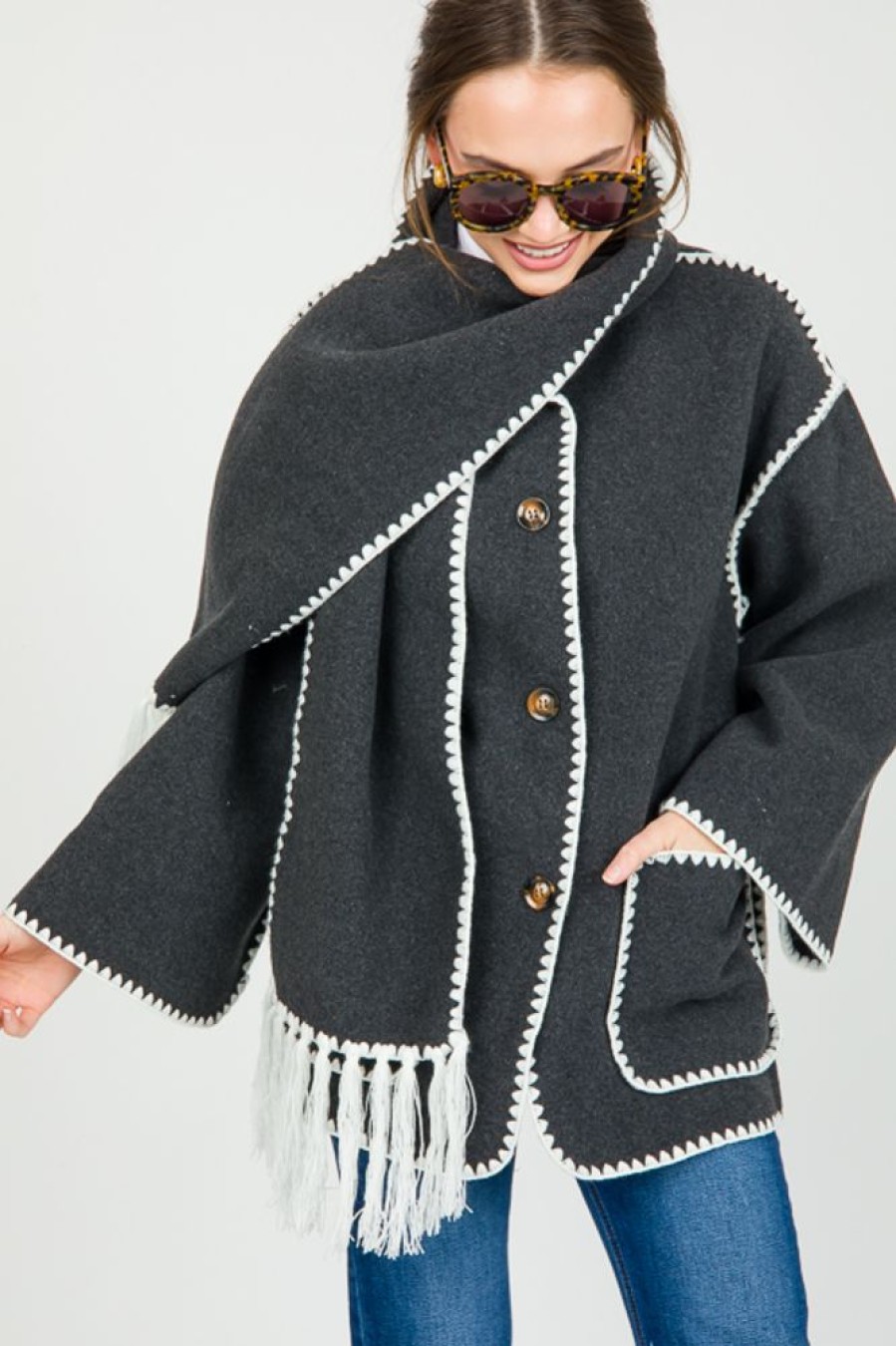 Veveret Jackets / Coats / Vests / Blazers | Tassel Scarf Poncho Jacket, Charcoal