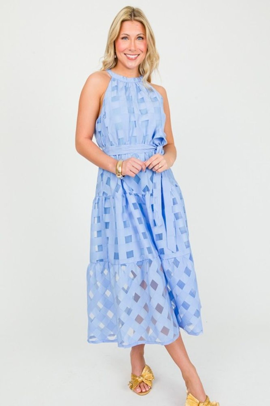 Umgee Maxi & Midi | Tonal Check Halter Midi, Periwinkle