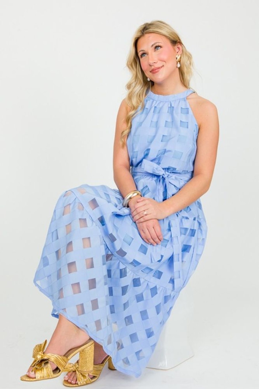 Umgee Maxi & Midi | Tonal Check Halter Midi, Periwinkle