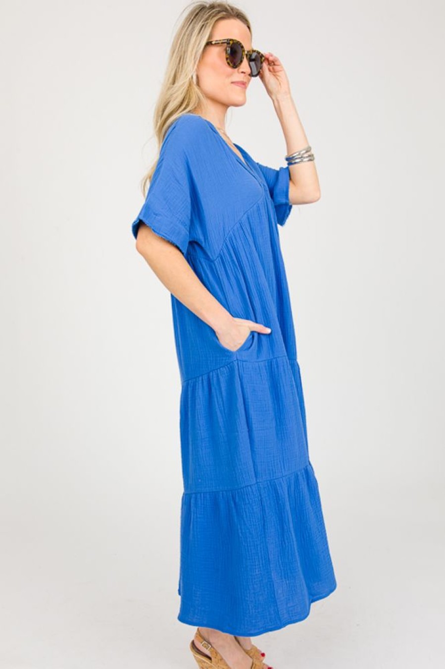 Very J Maxi & Midi | Asymmetric Tier Gauze Midi, Royal