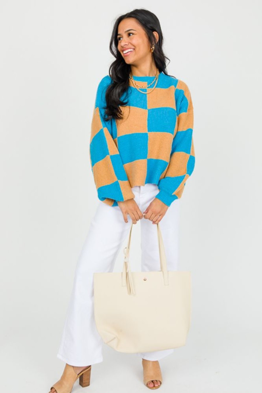 &merci 3/4 & Long Sleeve | Checkered Sweater, Teal/Taupe