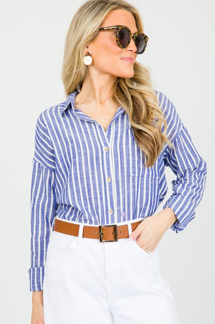 be cool 3/4 & Long Sleeve | Striped Button Down Top, Denim