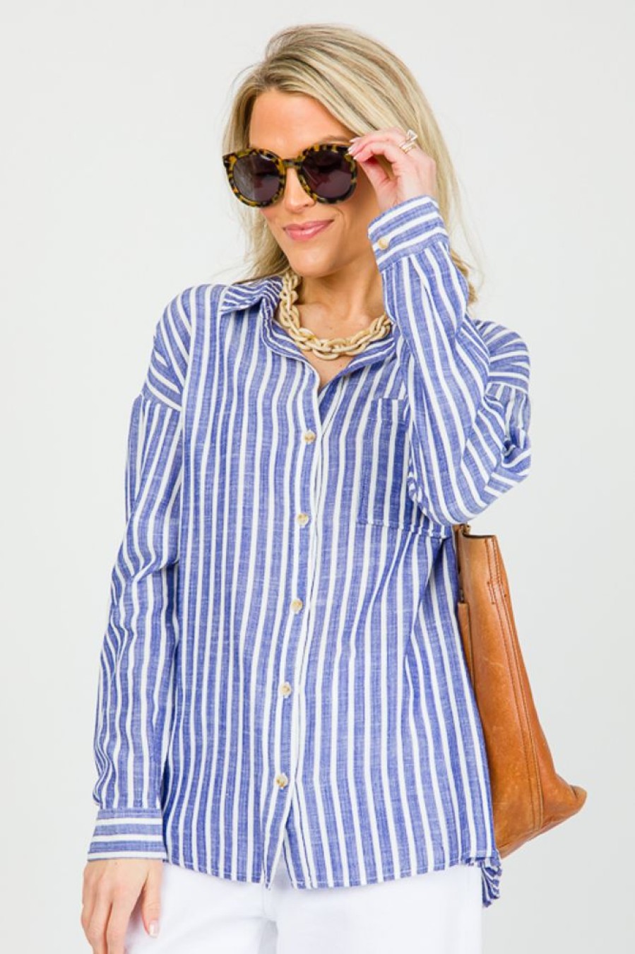 be cool 3/4 & Long Sleeve | Striped Button Down Top, Denim