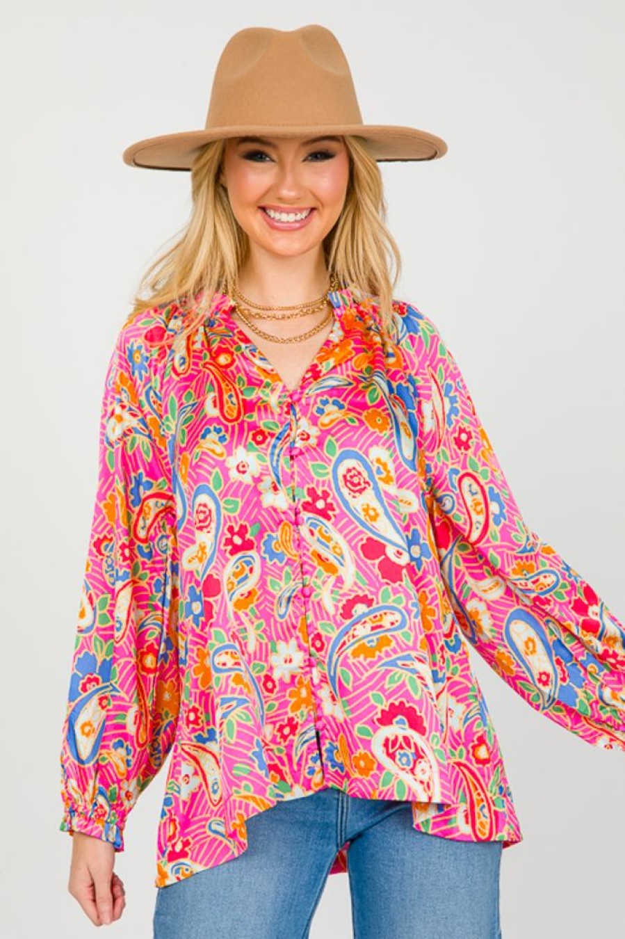 Umgee 3/4 & Long Sleeve | Paisley Floral Button Blouse, Hot Pink