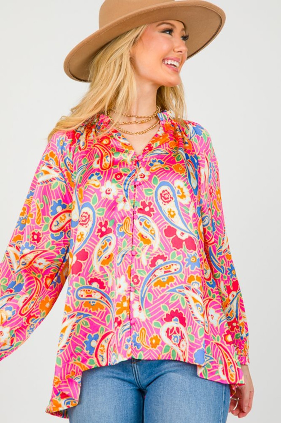 Umgee 3/4 & Long Sleeve | Paisley Floral Button Blouse, Hot Pink