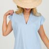 Pinch Short Sleeve & Sleeveless | Knit V-Neck Top, Light Blue