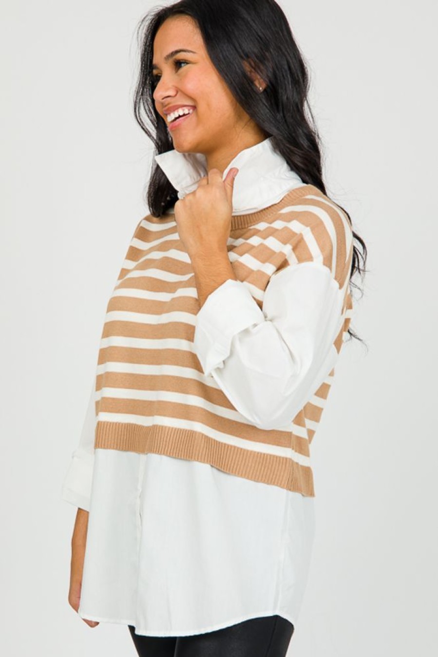 Blu Pepper 3/4 & Long Sleeve | Stripe Vest Layered Top, Tan