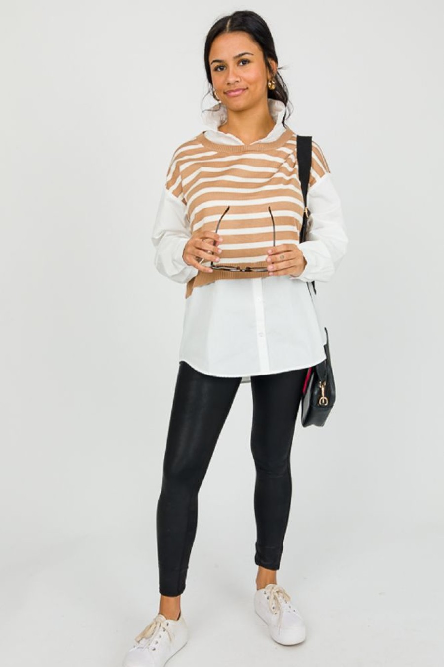 Blu Pepper 3/4 & Long Sleeve | Stripe Vest Layered Top, Tan