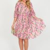 Voy Dresses W/ Sleeves | Pleated Print Belt Dress, Pink