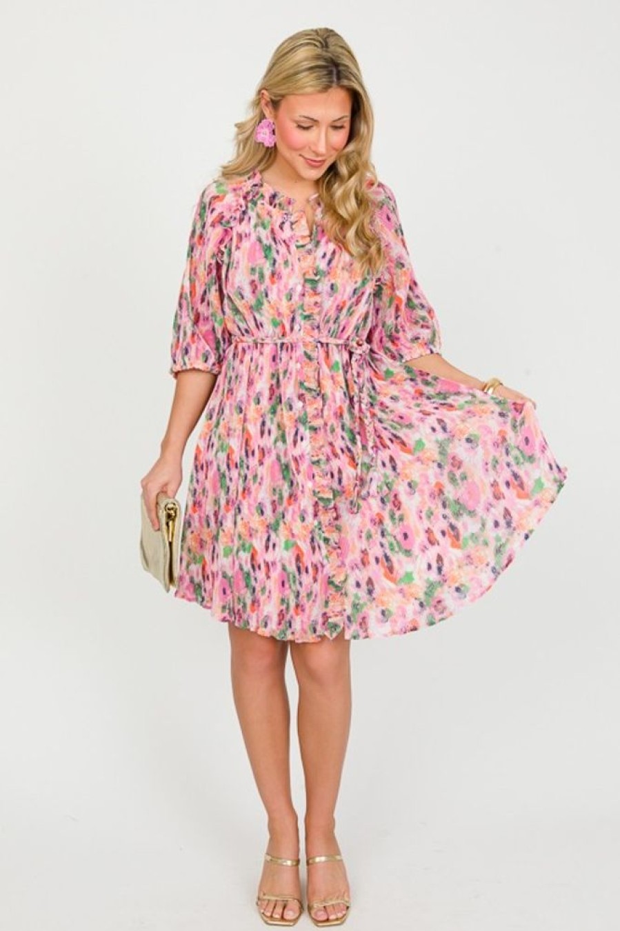 Voy Dresses W/ Sleeves | Pleated Print Belt Dress, Pink