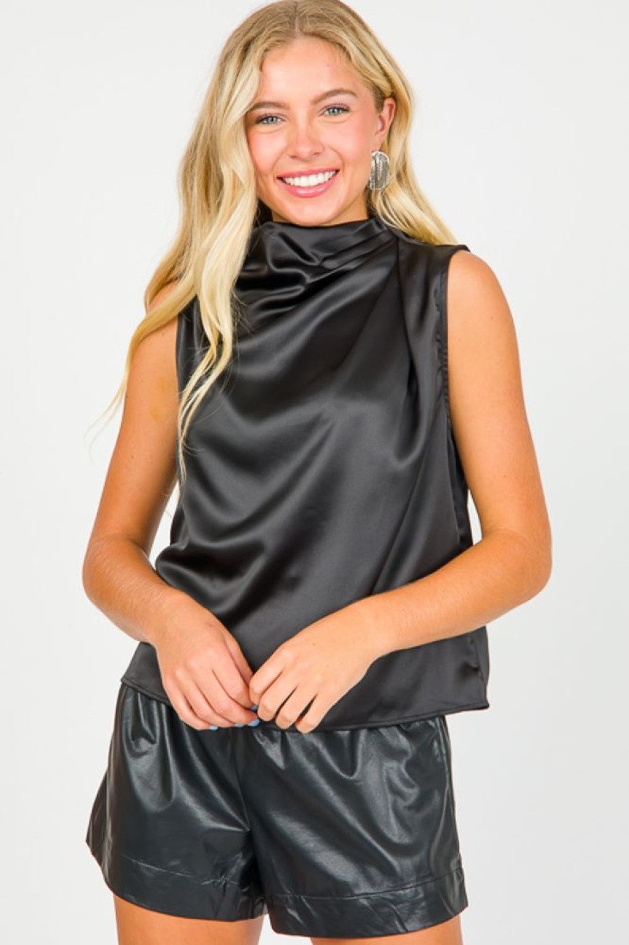 Glam Short Sleeve & Sleeveless | Pleat Neck Satin Tank, Black