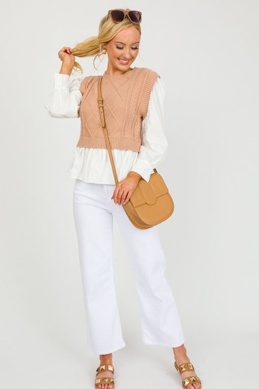 &merci 3/4 & Long Sleeve | Layered Cable Sweater, Taupe