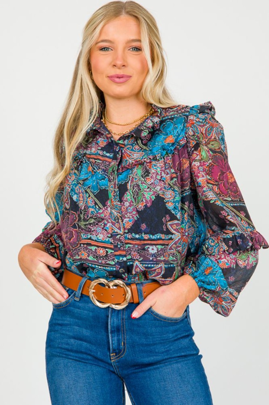 Fate by lfd 3/4 & Long Sleeve | Ruffle Trim Floral Top, Navy Multi