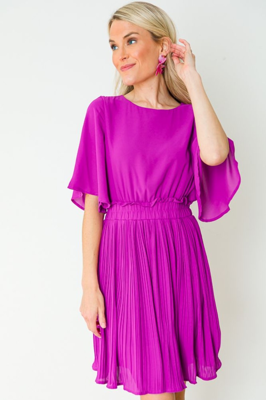 LLove Dresses W/ Sleeves | Alma Pleated Dress, Magenta