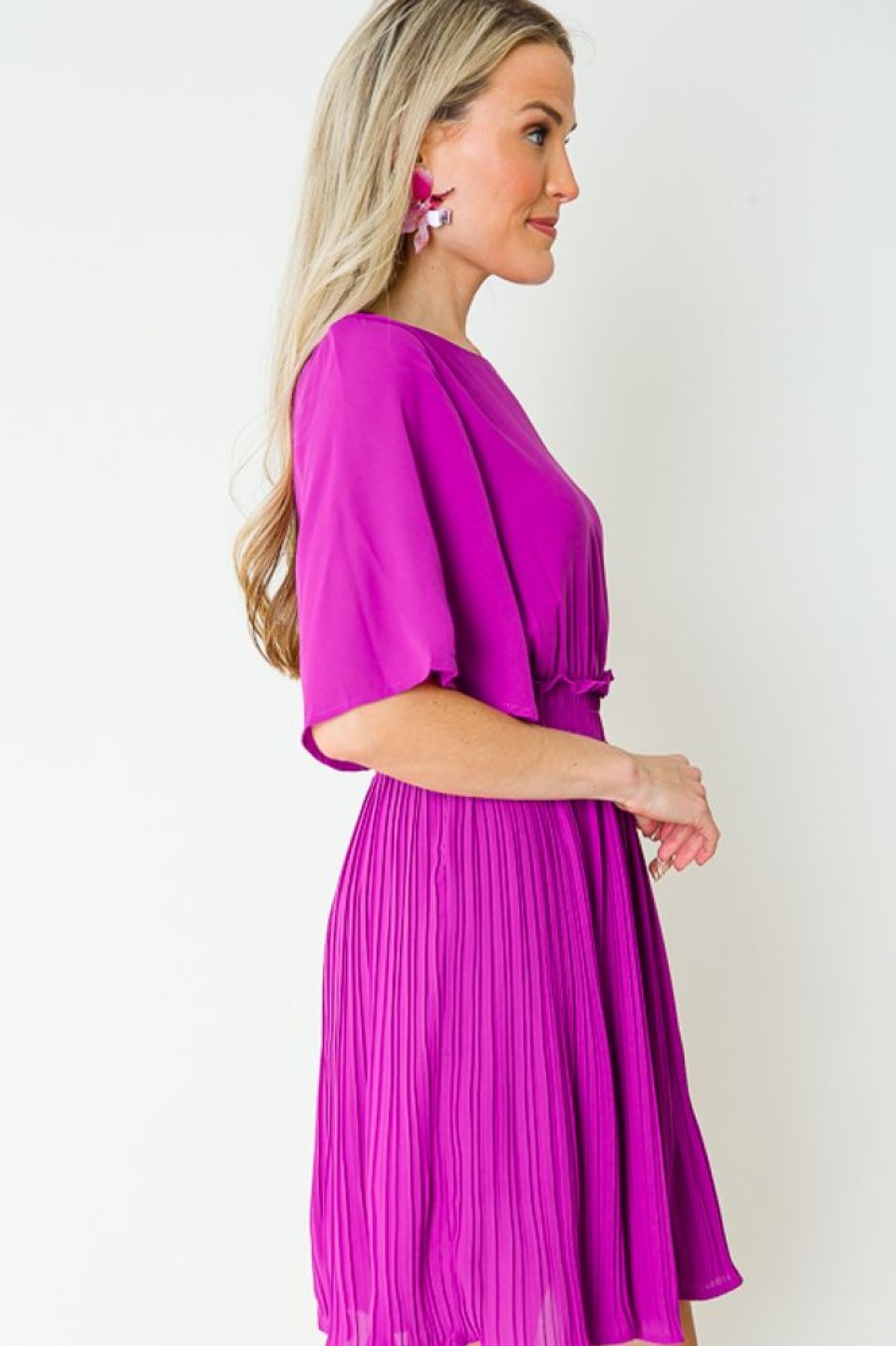 LLove Dresses W/ Sleeves | Alma Pleated Dress, Magenta