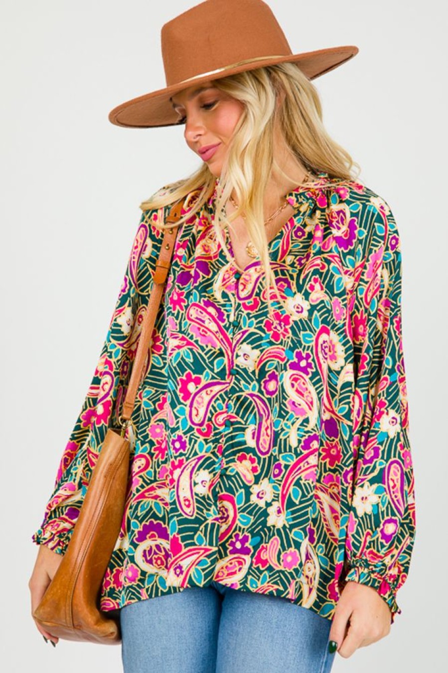 Umgee 3/4 & Long Sleeve | Paisley Floral Button Blouse, Teal