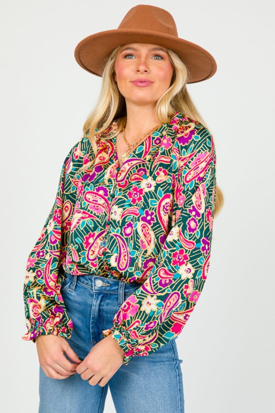 Umgee 3/4 & Long Sleeve | Paisley Floral Button Blouse, Teal