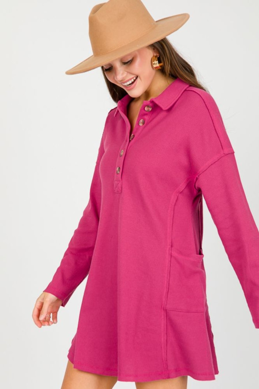 Very J Dresses W/ Sleeves | Thermal Knit Dress, Magenta