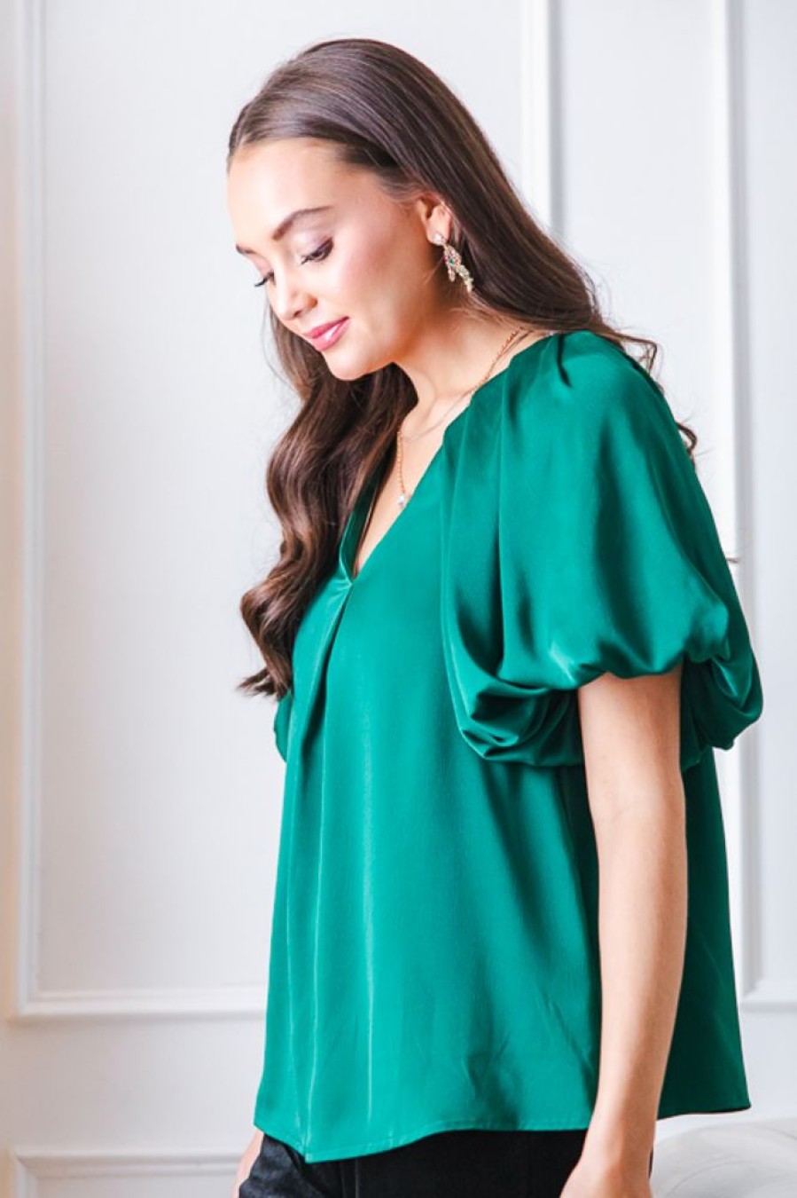 Entro Short Sleeve & Sleeveless | Malia Satin Blouse, H. Green