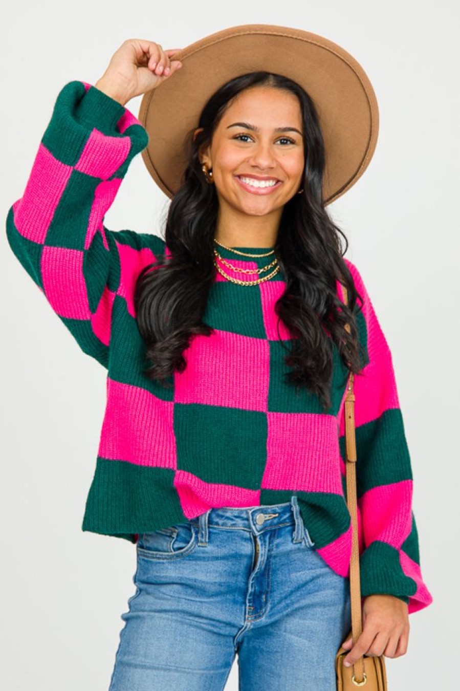 &merci 3/4 & Long Sleeve | Checkered Sweater, H. Green/Hot Pink