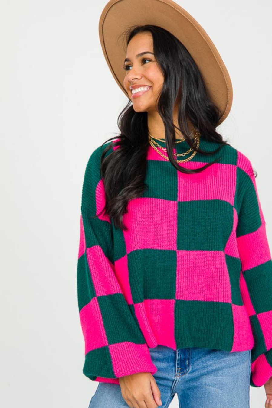 &merci 3/4 & Long Sleeve | Checkered Sweater, H. Green/Hot Pink