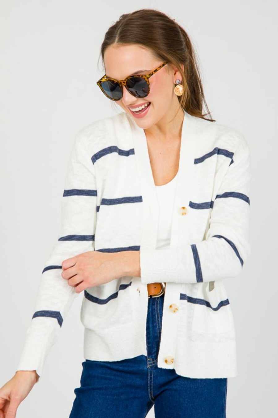 be cool 3/4 & Long Sleeve | Stripe Button Cardigan, Navy