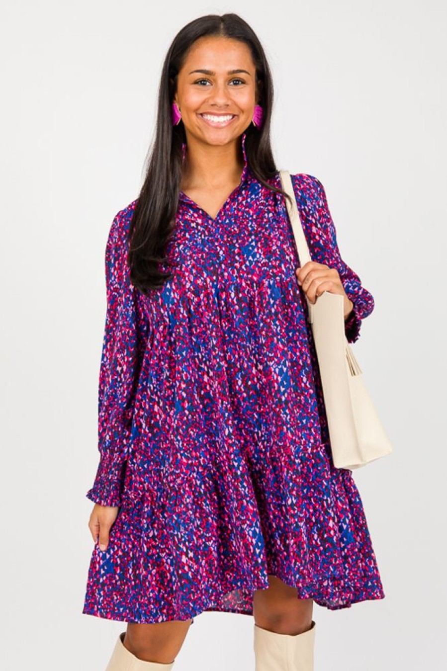 Umgee Dresses W/ Sleeves | Printed Tier Dress, French Blue