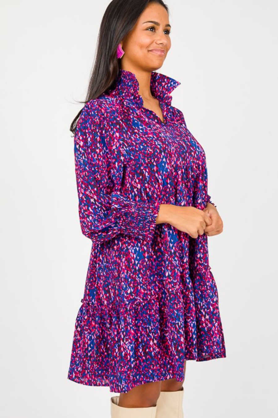 Umgee Dresses W/ Sleeves | Printed Tier Dress, French Blue