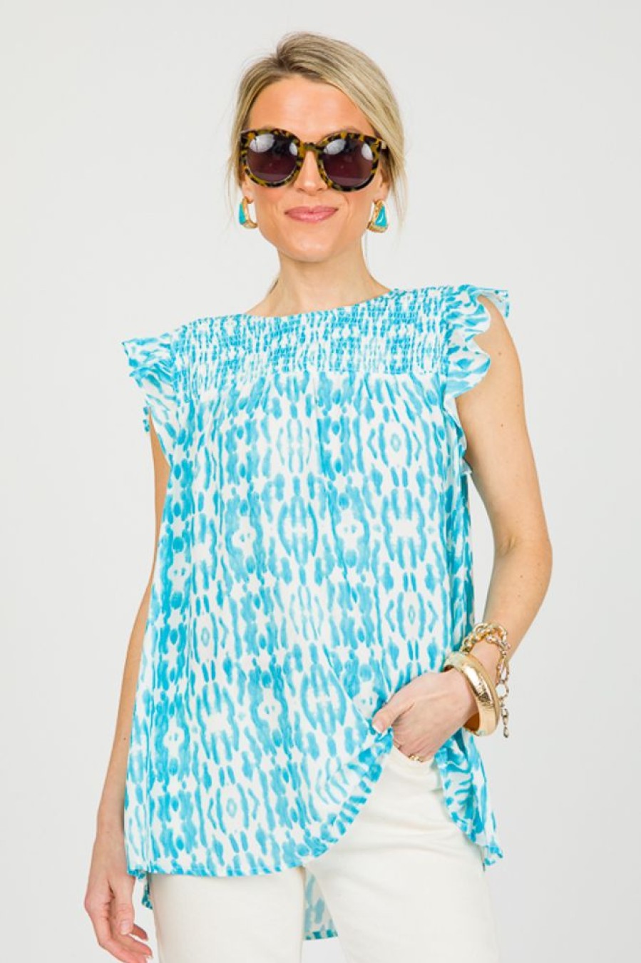 Cotton Bleu Short Sleeve & Sleeveless | Dye Print Smock Top, Aqua