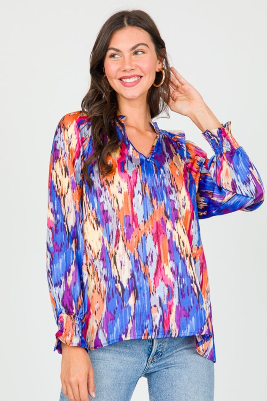 Jodifl 3/4 & Long Sleeve | Abstract Blouse, Royal/Orange