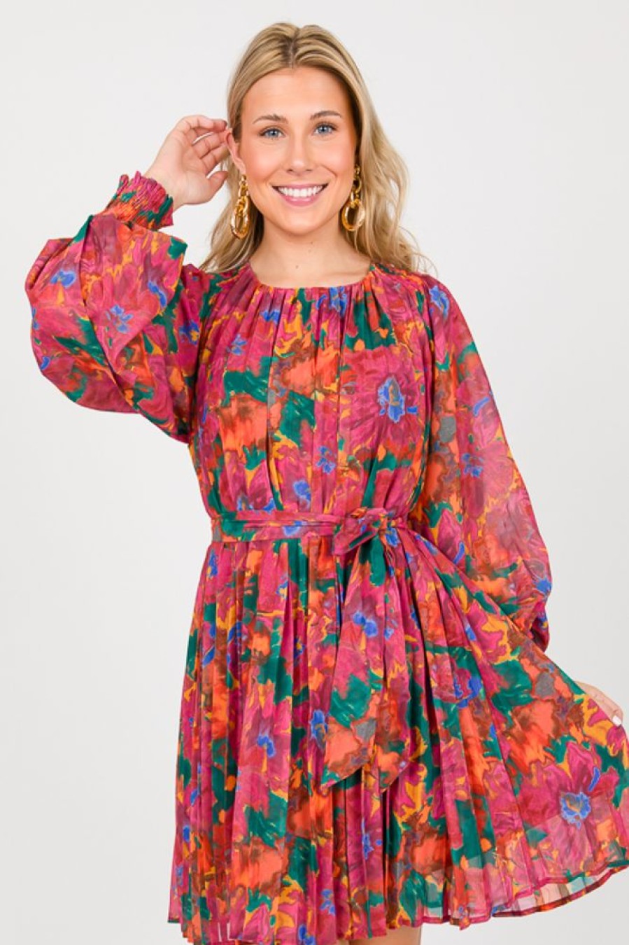 Flying Tomato Dresses W/ Sleeves | Pleated Print Dress, Magenta Green