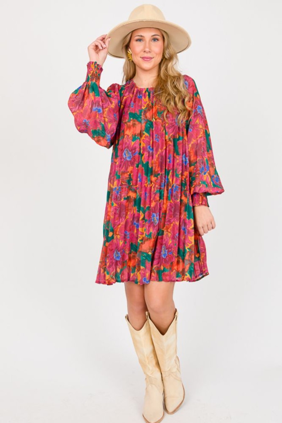 Flying Tomato Dresses W/ Sleeves | Pleated Print Dress, Magenta Green