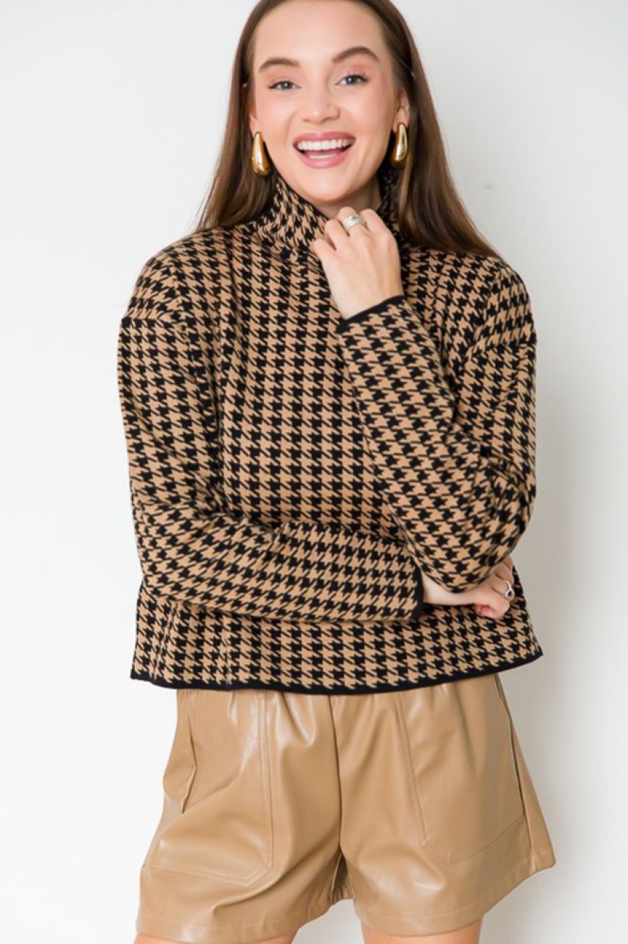 Lumiere 3/4 & Long Sleeve | Houndstooth Sweater, Black/Brown