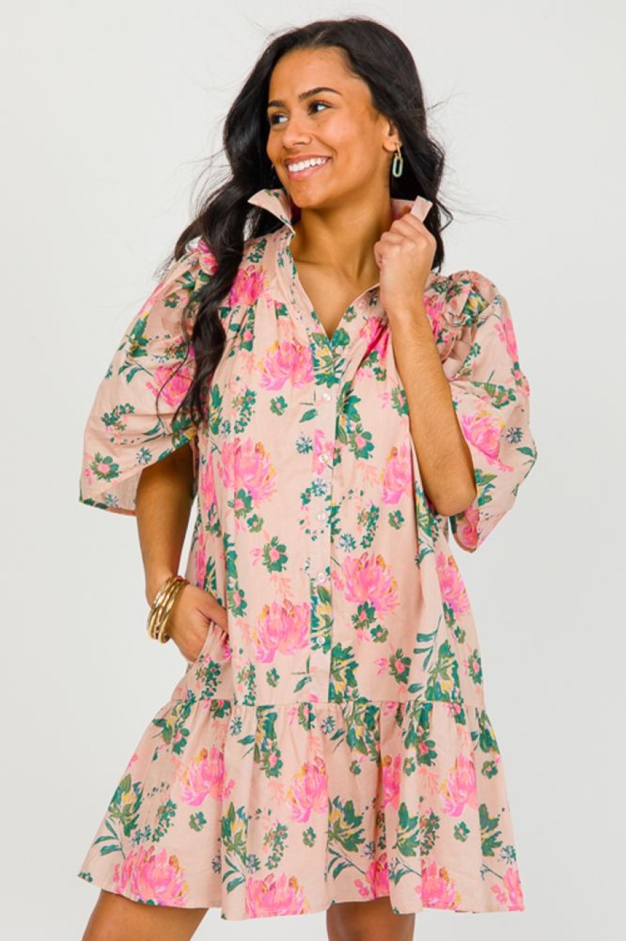 Entro Dresses W/ Sleeves | Button Up Floral Dress, Peach