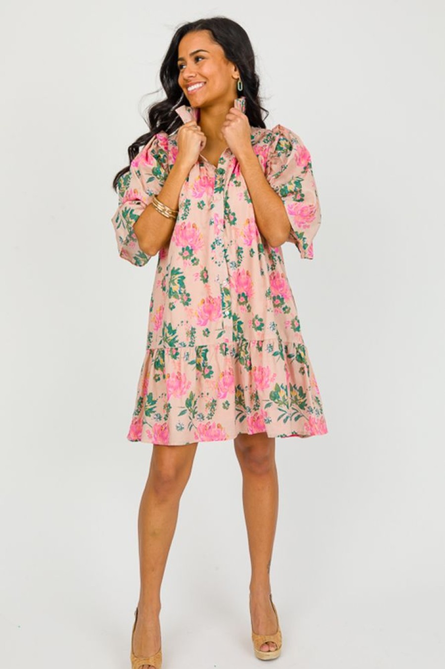 Entro Dresses W/ Sleeves | Button Up Floral Dress, Peach