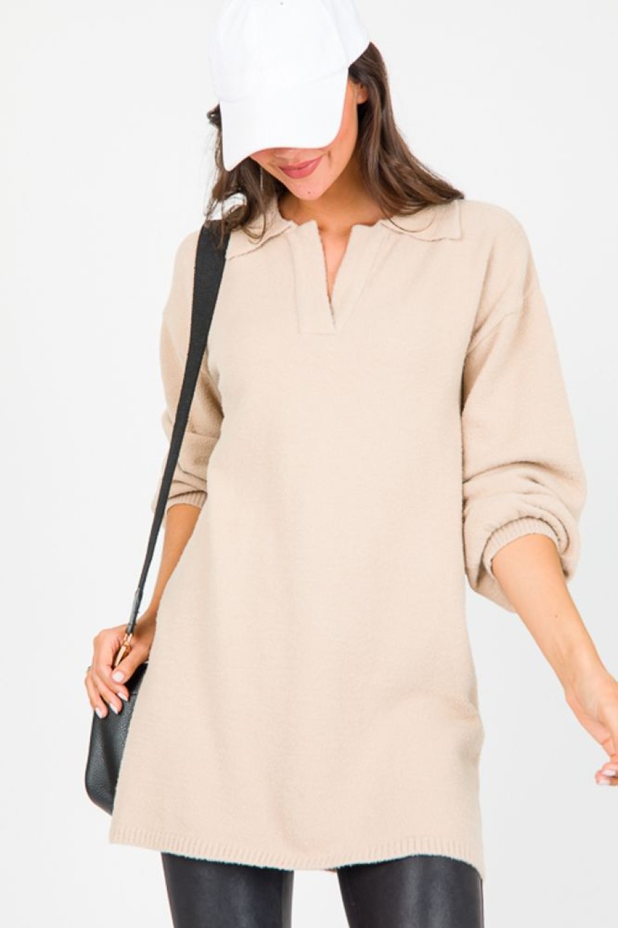 She + Sky Dresses W/ Sleeves | Collar Sweater Dress, Taupe