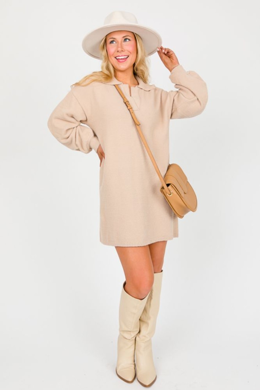 She + Sky Dresses W/ Sleeves | Collar Sweater Dress, Taupe