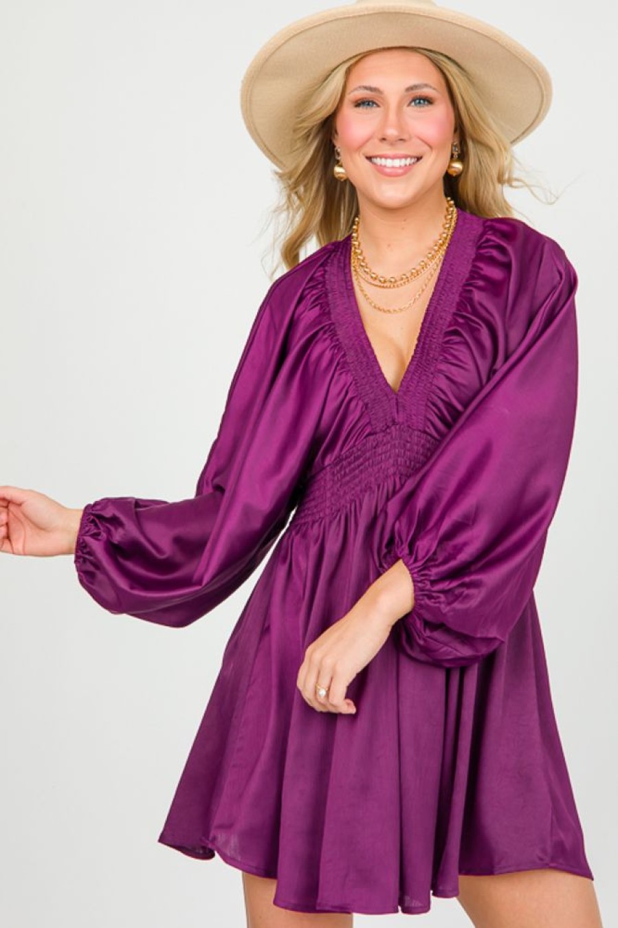 Glam Dresses W/ Sleeves | Plum Satin Dress