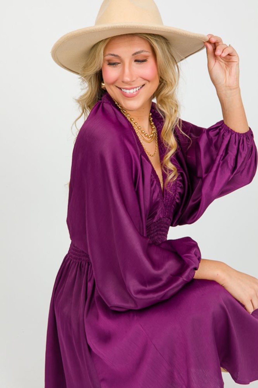 Glam Dresses W/ Sleeves | Plum Satin Dress