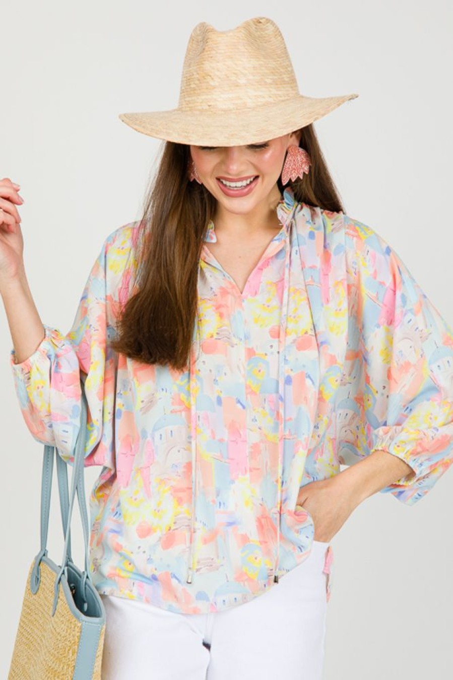 Entro 3/4 & Long Sleeve | Santorini Blouse, Pink Multi