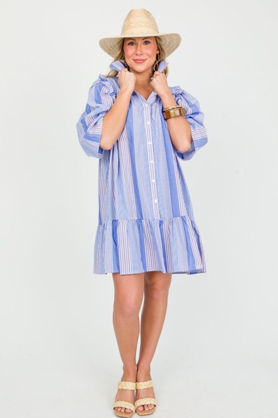 KARLIE Dresses W/ Sleeves | Stripe Ruffle Shirt Dress, Blue