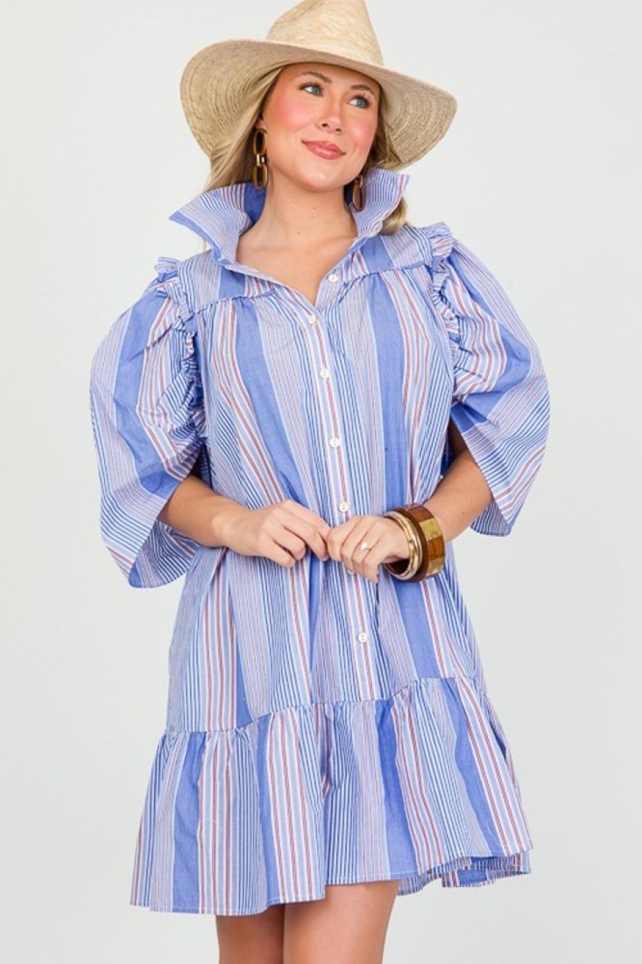 KARLIE Dresses W/ Sleeves | Stripe Ruffle Shirt Dress, Blue