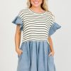 Entro Dresses W/ Sleeves | Denim Contrast Stripe Dress