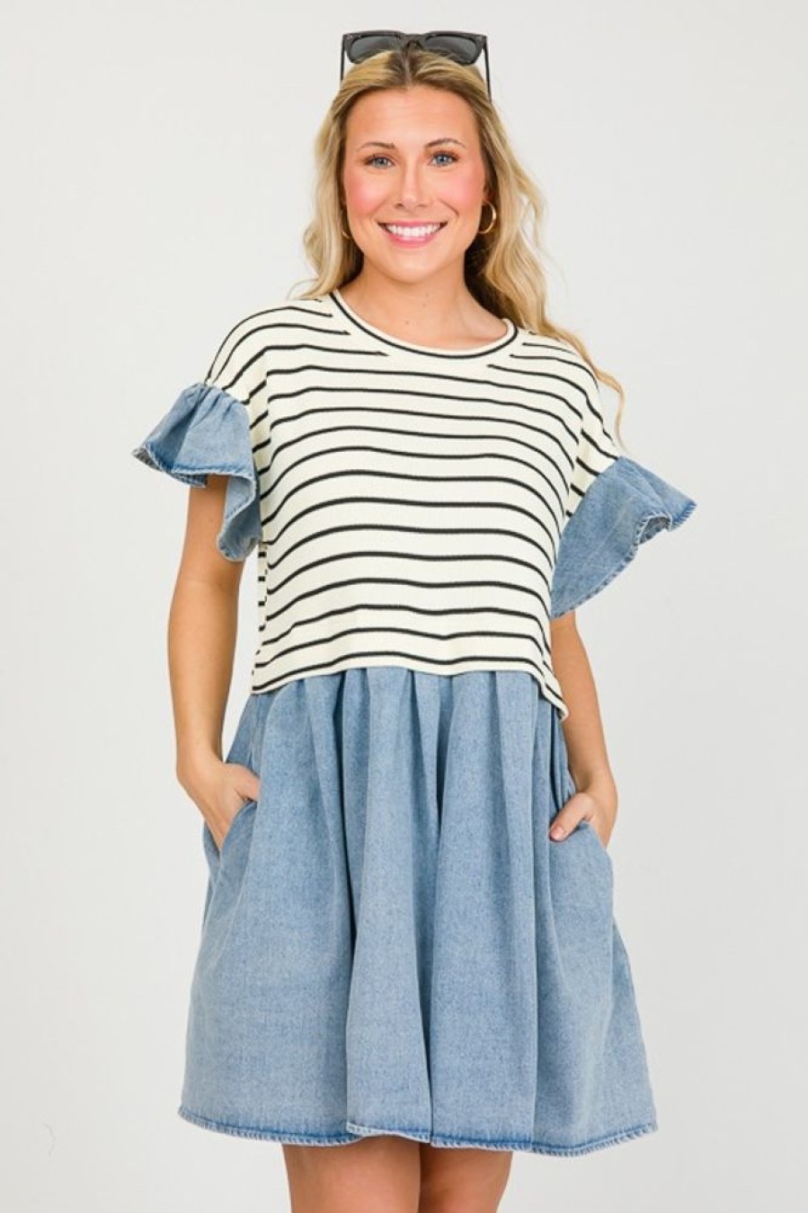 Entro Dresses W/ Sleeves | Denim Contrast Stripe Dress